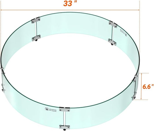Skyflame Fire Pit Glass Wind Guard Round, 33 x 7 inches Tempered Glass Flame Shield, Fits 31” Round Fire Pit Burner Pans, Fire-Resistant Windscreen Set