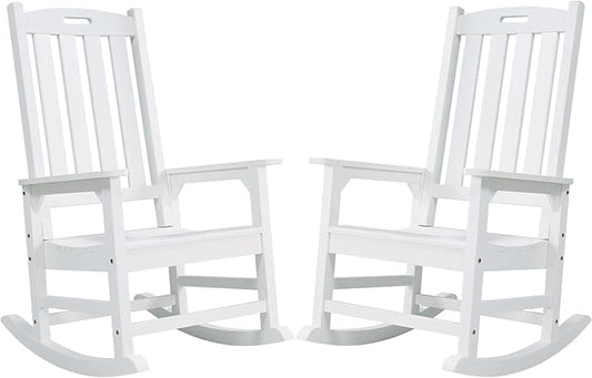 Psilvam Oversized Outdoor Rocking Chair Set of 2, Porch Rocker with 21" Wide Seat and 32" Tall Backrest, Pre-Assembled with Most Components for Effortless Installation (White)