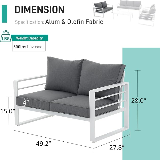 Patiorama Aluminum Patio Furniture Set, Outdoor Patio Loveseat, 2 Seat Sofa Couch, All Weather White Metal Chair with Olefin Cushion, Deep Seating, 600 lbs Capacity, Deck, Garden-Grey Cushion