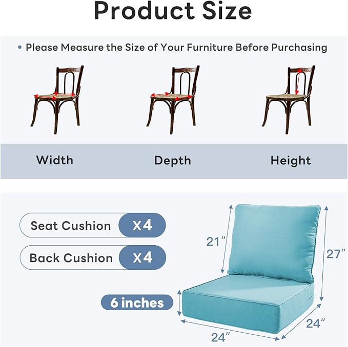 6" Thicker Outdoor Chair Cushion 4 Sets - 24" *24" *6" Waterproof Patio Furniture Cushions with Removable Cover, 28D High Density Sponge Filling Thicken Outdoor Patio Cushions - Turquoise
