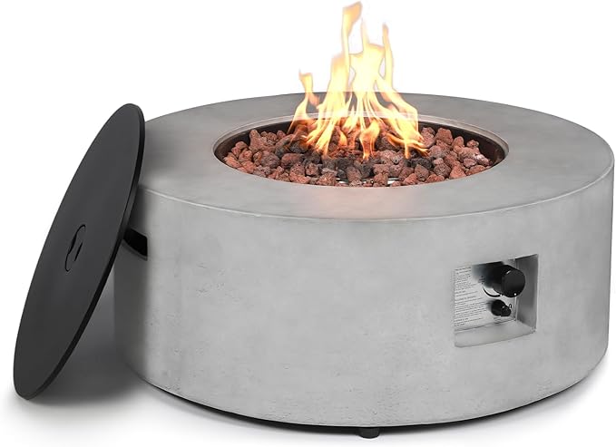 36inch Round Concrete Fire Pit Table Propane 50,000 BTU Outdoor Fire Table Modern Firepit CSA Certification Natural Gas Firepits with Steel Lid, Rain Cover for Outside, Backyard, Deck