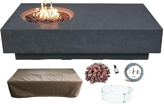 Elementi Metropolis Gas Fire Pit Cast Concrete Fire Table, Outdoor Fire Pit Electronic Ignition | Canvas Cover, Lava Rock Included | Free AMS Wind Guard | Dark Gray (Natural Gas)