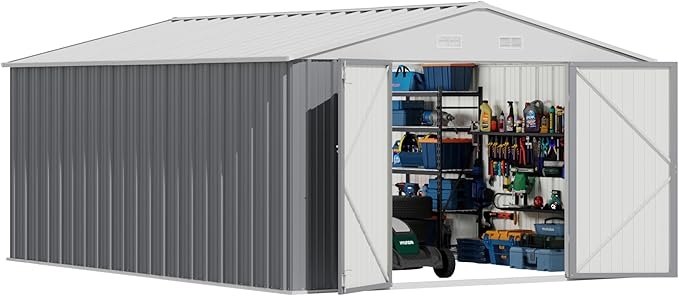 Devoko 10x12 FT Outdoor Storage Shed, Large Metal Storage Sheds with Lockable Door, Utility Garden Tool Shed with Sloping Roof, Outside Steel Storage Sheds for Patio Lawn Backyard, Gray