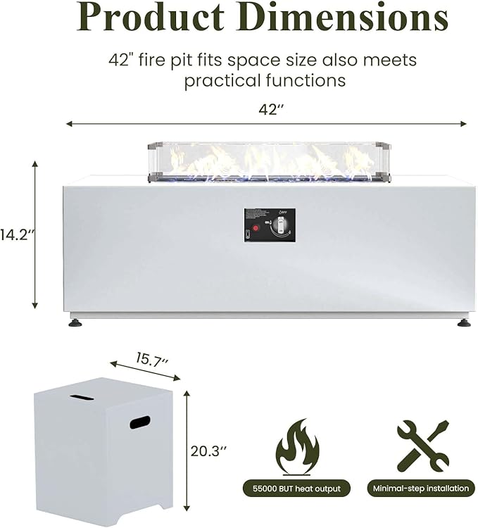 LayinSun 42 Inch Outdoor Fire Pit Table for Outside Patio, 55000BTU Rectangle Propane Firepit with Hidden Fuel Tank, Glass Wind Guard, Waterproof Cover and Lid