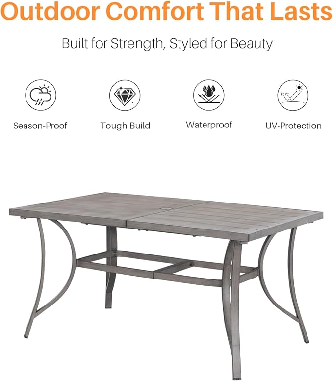 SEEHILL Aluminum Patio Dining Table for 6, Limed Oak Outdoor Rectangle Dining Table with Umbrella Hole, Rustproof 6 Person Outdoor Dining Tables for Backyard, Deck, Garden, Poolside, Porch