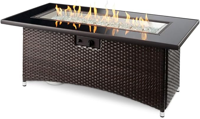 Outdoor GreatRoom Co Propane Fire Pit Table - Balsam Montego Gas Fire Pits for Outside Patio - 60 Inch Rectangular Glass Top Firepit Fire Table with Matching Tabletop Cover, Wicker Base, 80,000 BTU