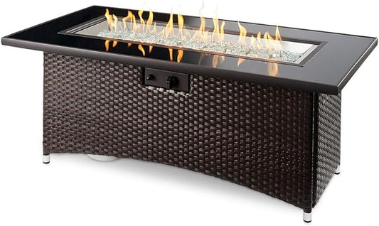 Outdoor GreatRoom Co Propane Fire Pit Table - Balsam Montego Gas Fire Pits for Outside Patio - 60 Inch Rectangular Glass Top Firepit Fire Table with Matching Tabletop Cover, Wicker Base, 80,000 BTU