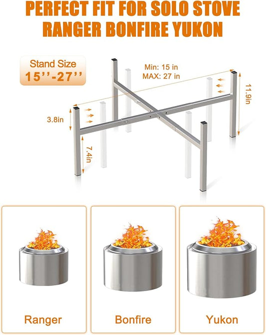 15-27 Inch Fire Pit Stand, Solo Stove Accessories, Stainless Steel Adjustable Base, Firepit Stand for Solo Stove Bonfire Ranger Yukon and More Outdoor, Great for Outside Patio Camping Backyard