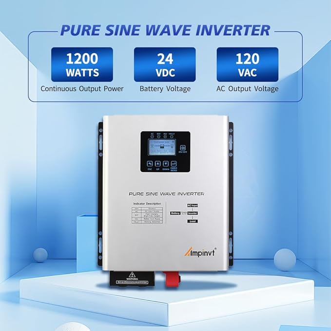 Ampinvt 1200W Pure Sine Wave Inverter with AC Charger, DC 24V to AC 120V Output,UPS Backup Power Low Frequency Inverter for Lithium, Sealed,AGM, Gel,and Flooded Batteries