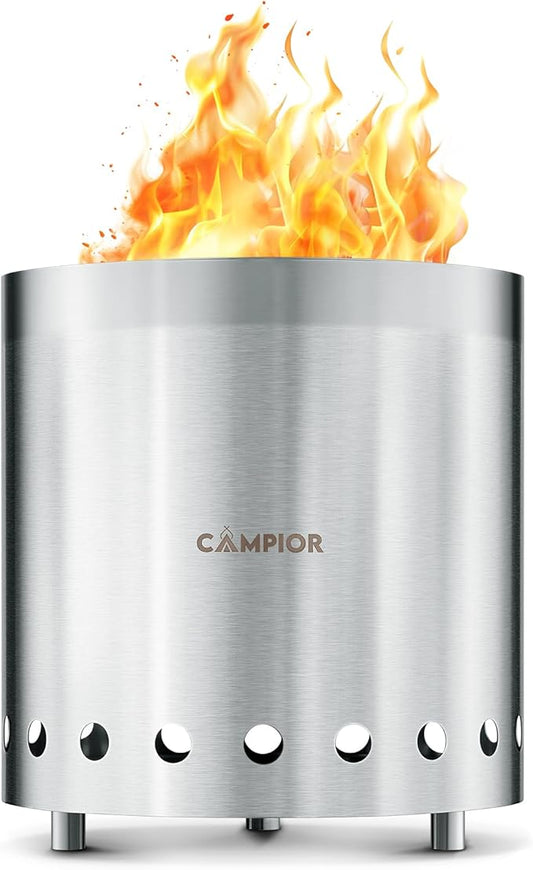Wood Burning Fire Pit Stove - Smokeless Outdoor Stove for Wood Fires, Camping, Cooking, and Garden Gatherings, Durable, Stainless Steel with Removable Ash Pan, with Stand and Black Carry Bag