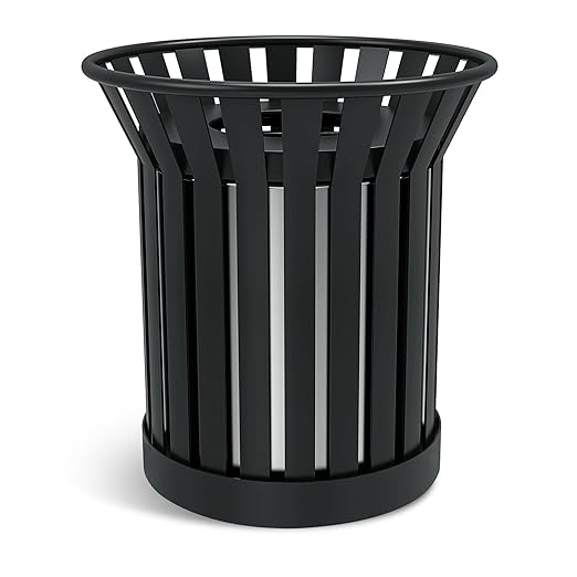 25.2IN Large Round Large Outdoor Trash Can, Heavy Duty Metal Slatted Garbage Can Outdoor, All Weather Resistant Commercial Garbage Cans, Waste Receptacle in Park, School, Beach, Patio Black