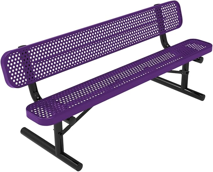 COATEDOUTDOORFURNITURE Coated Outdoor Furniture Heavy-Duty Portable Outdoor Bench Thermoplastic Coated, Punched Steel, Commercial-Grade Seating, Made in America (Portable with Back, 6 Ft, Purple)