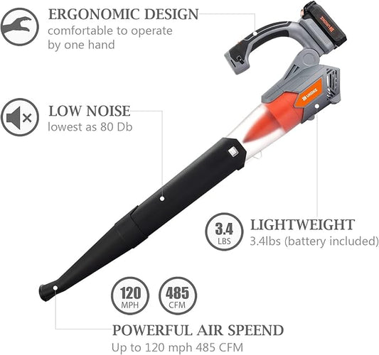 Ukoke 20V (120 MPH 458 CFM) Cordless Leaf Blower- 2.0 Ah Brushless Leaf Blower Lithium Battery and Charger Included, for Blowing Snow Debris, Leaves, and Dust
