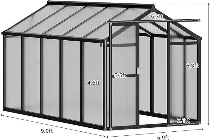 6 X 10 Ft Greenhouse, Greenhouses for Outside, Polycarbonate Greenhouse with Aluminum Frame, Lockable Door and Ajustable Roof Vent for Backyard, Green Houses for Outside Garden Backyard, Patio