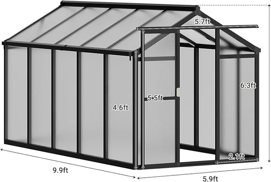 6 X 10 Ft Greenhouse, Greenhouses for Outside, Polycarbonate Greenhouse with Aluminum Frame, Lockable Door and Ajustable Roof Vent for Backyard, Green Houses for Outside Garden Backyard, Patio