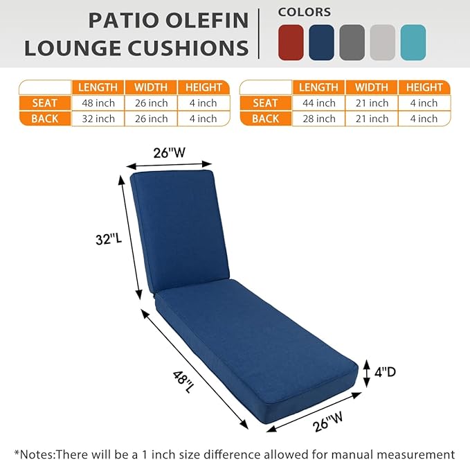 Sundale Outdoor Olefin Chaise Lounge Cushion, Water-Resistant Patio Lounge Chair Cushion, Thick Lounger Pad with 4 Straps Dark Blue, 80 x 26 x 4 Inches