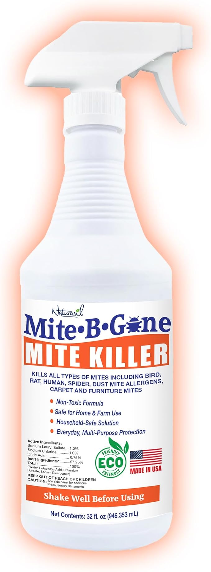 Mite Killer Spray by Mite-B-Gone — Kills Human Mites, Dust, Spider, Rat, Carpet & Bird Mites in Homes, Furniture, Bedding, Auto & On Animals | Non-Toxic | Kid & Pet Safe | 32oz Spray