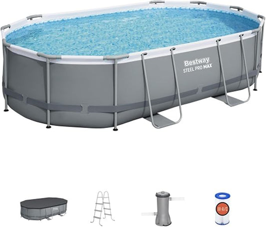 Bestway Steel Pro MAX 16' x 10' x 42" Oval Metal Frame Above Ground Swimming Pool Set with 1000 GPH Filter Pump, Ladder, and Pool Cover