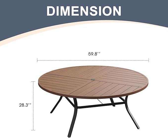 VICLLAX Round Patio Dining Table, 8-10 Person Metal Outdoor Dining Table with Umbrella Hole and Storage Shelf for Garden Lawn Deck, 60" Walnut