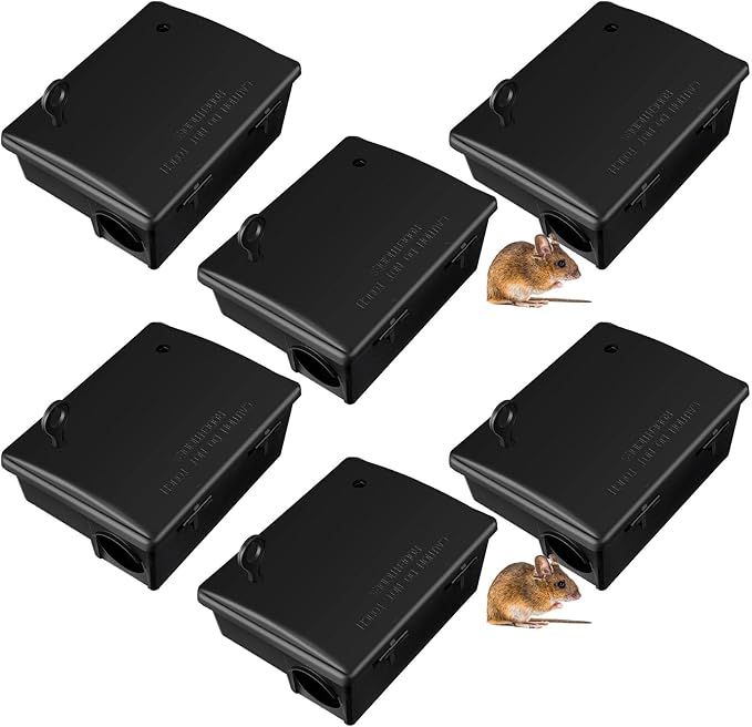 Qualirey 6 Pack Rat Bait Stations Large Rodent with Key Reusable Mouse Stations Mice Blocks Heavy Duty Boxes for Outdoor Rodents Mice Blocks, Bait Not Included, Black (8.66 x 7.5 x 3.9 Inches)