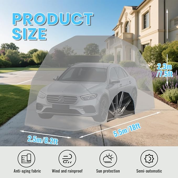 Heavy Duty Semi-Automatic Retractable Garage, Stainless Steel Outdoor Folding Carport with Sunshade Sheet Retractable, Foldable Retractable Car Awning, Mobile Car Tent Shelter for Parking Lot