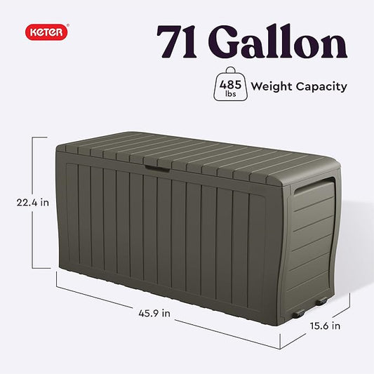 Keter Marvel Plus 71 Gallon Resin Outdoor Storage Box for Patio Furniture Cushions, Throw Pillows, Garden Tools and Pool Floats, Taupe