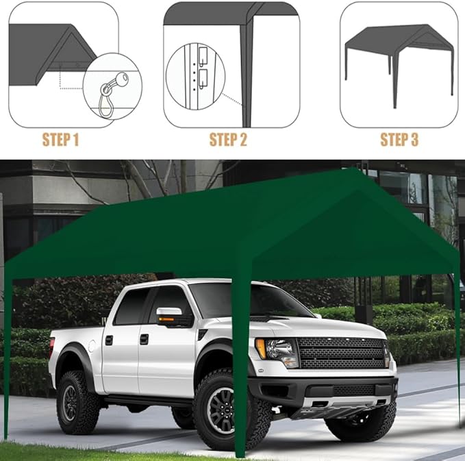 Rutile 10 x 20 FT Carport Replacement Cover, Heavy Duty Car Tarp Canopy Tent Garage Top Shelter With Fabric Leg Pole Skirts and Ball Bungees - Green (Only Top Cover, Frame Not Included)