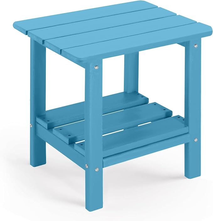 Adirondack Outdoor Side Table, 2-Tier Small Patio End Table, Weather Resistant HDPE Outdoor End Tables for Garden, Lawn, Pool, Beach, Porch, Deck, Backyard - Square, Blue