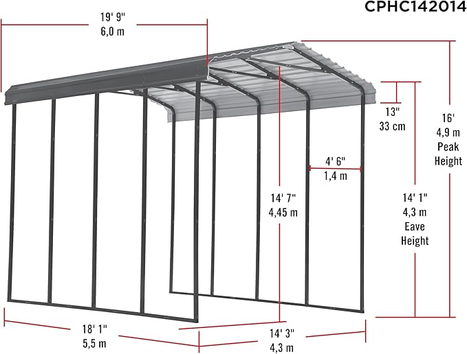 Arrow Carports Galvanized Steel Carport, RV Metal Carport Kit, 14' x 20' x 14', Charcoal