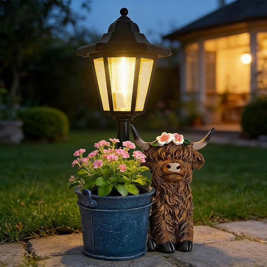 YEPOTUE Solar Highland Cow Outdoor Statue, Garden Decor with Flowerpot & Lantern Highland Cow Figurines for Yard Art Lawn Ornaments Porch Patio Balcony - Gifts for Women Mom