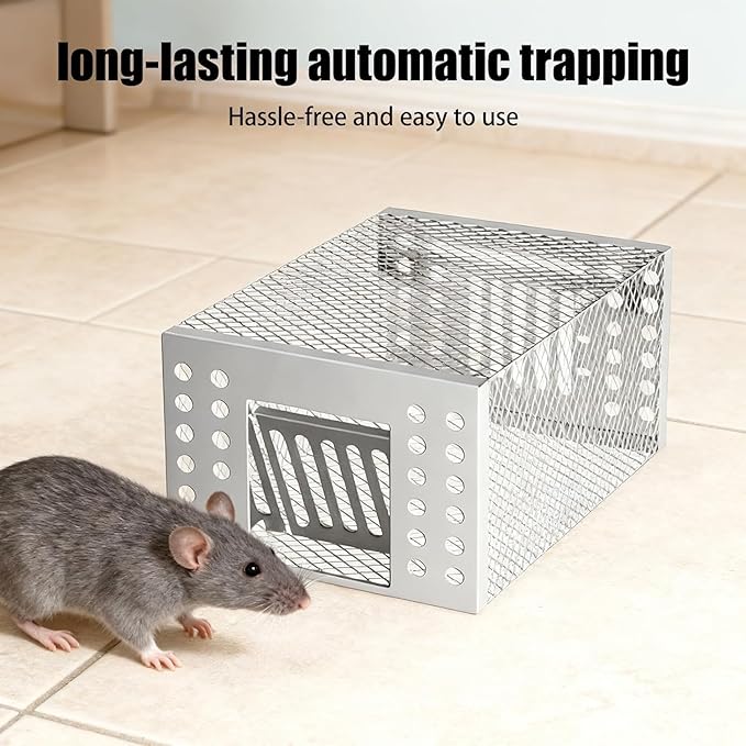 2026 Upgraded Stainless Steel Automatic Mouse Trap, Easy Setup for Indoor and Outdoor Use, Humane No-Kill Live Trap with One-Way Door, Catch & Release for Mice and Rodents (3)