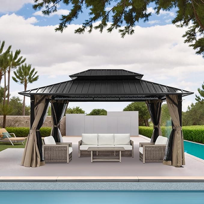 SEEHILL 12' x 16' Hardtop Gazebo, Outdoor Patio Gazebo, Aluminum Frame Patio Hardtop Gazebos with Netting and Curtain, Outdoor Patio Pergola with Double Steel Roofs for Deck, Lawns, Garden, Sandstone