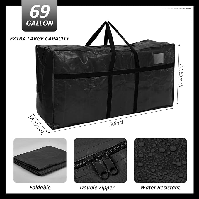 Windyun 4 Pack 69 Gallon Extra Large Storage Bags XXL Moving Bags with Zipper Handles Heavy Duty Jumbo Big Tote Box for Christmas Tree Storage 4, 5, 7.5, 9, 10, 12 ft Skeleton College Dorm(Black)