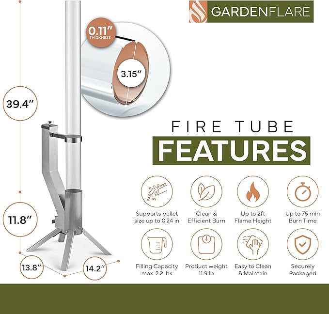 Smokeless Fire Pit - Outdoor Wood Pellet Fire Tube Stainless Steel firepit for Ambience Fire on Your Backyard, Patio, Porch & Garden (Silver, Classic)