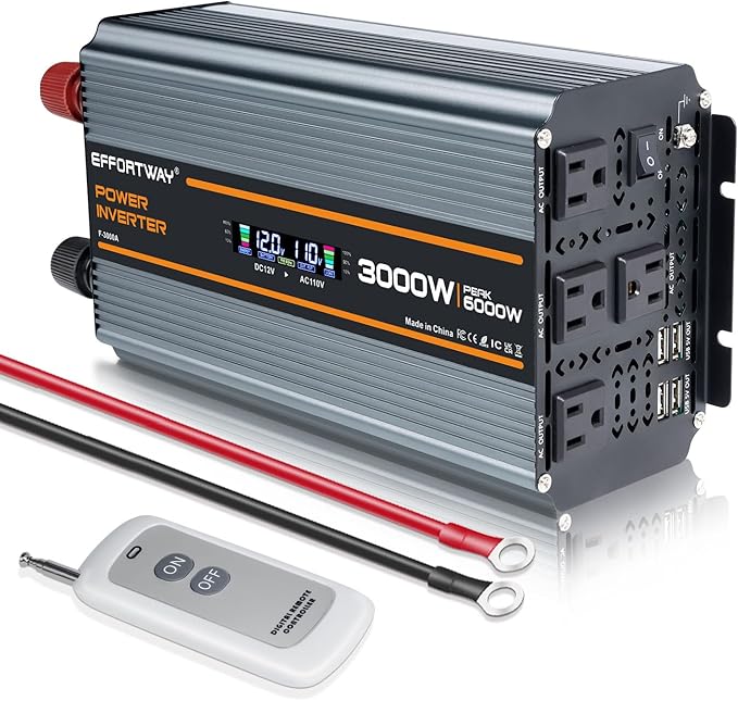 3000 watt Power Inverter DC 12V to AC 110V/120V Converter,6000w Peak.Comes with LCD Display,Wireless Controller,4AC outlets,4 USB.RV Inverter,Suitable for Camping,and Off-Grid Solar Inverter Systems