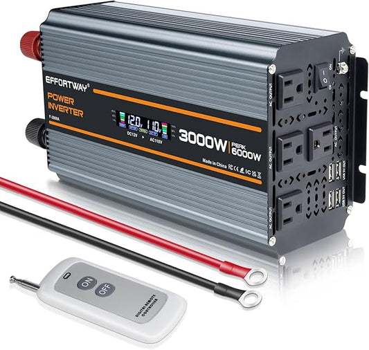 3000 watt Power Inverter DC 12V to AC 110V/120V Converter,6000w Peak.Comes with LCD Display,Wireless Controller,4AC outlets,4 USB.RV Inverter,Suitable for Camping,and Off-Grid Solar Inverter Systems