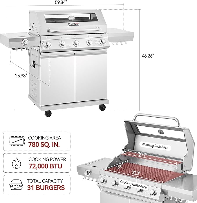 GEA5001S Deluxe Stainless Steel 5-Burner Gas Grill, Bilateral Stainless Steel Side Shelf, With Hook Cabinet Style Grill for Outdoor Grilling and Backyard Cooking, Silver