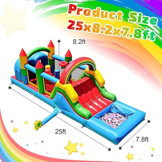 25FT Commercial Grade Bounce House for Adult, (Heavy Duty PVC)(950W UL Blower) Inflatable Obstacle Course, with Water Slide, Splash Water Pool Ball Pit, Large Backyard Lawn Party Game