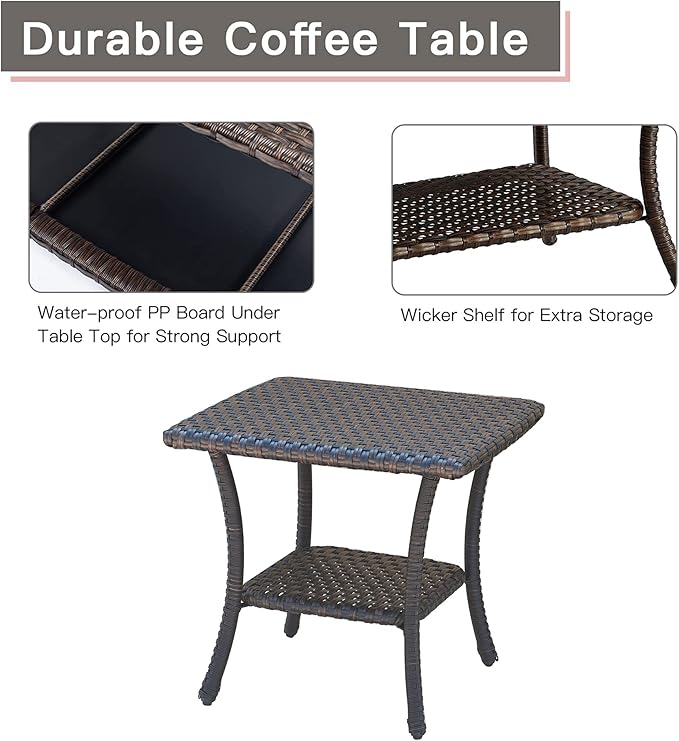 Rilyson Patio Tables Outdoor Coffee Table - Wicker Rattan Side Tables with 2-Tier Storage Shelf End Table for Porch Deck Balcony Garden Outside Square Brown