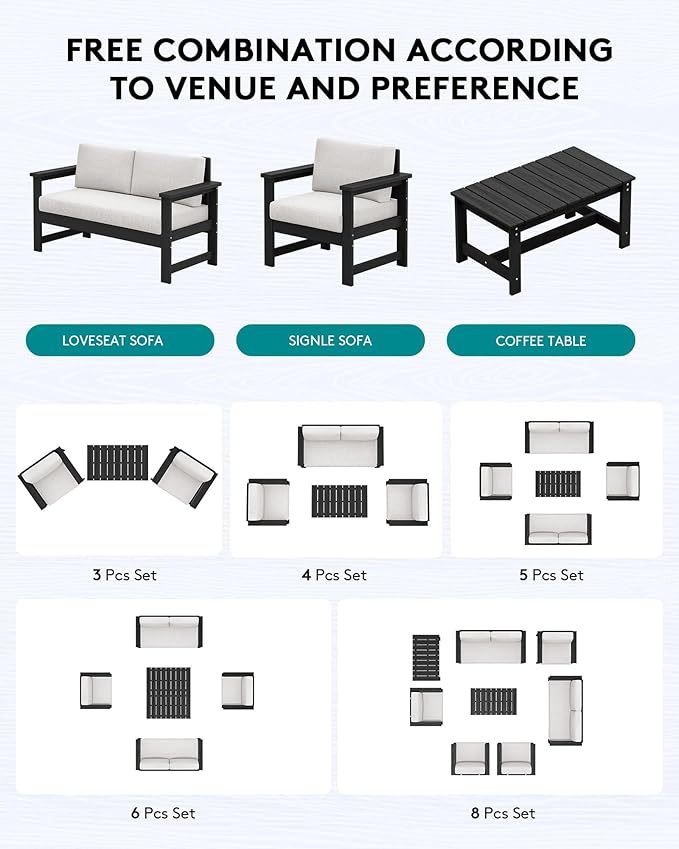 SERWALL 3 Pieces HDPE Outdoor Sofa Set with Cushions, All Weather Use Patio Couch Loveseat Furniture with Coffee Table for Balcony, Deck, Poolside, Black Frame with Khaki Cushions