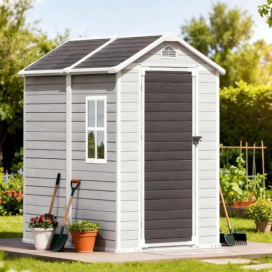 4x6 FT Plastic Outdoor Storage Shed with Floor and Lockable Door, All-Weather Resin Storage Shed Easy to Install, Plastic Sheds & Outdoor Storage for Garden Backyard, Patio, Dove Grey