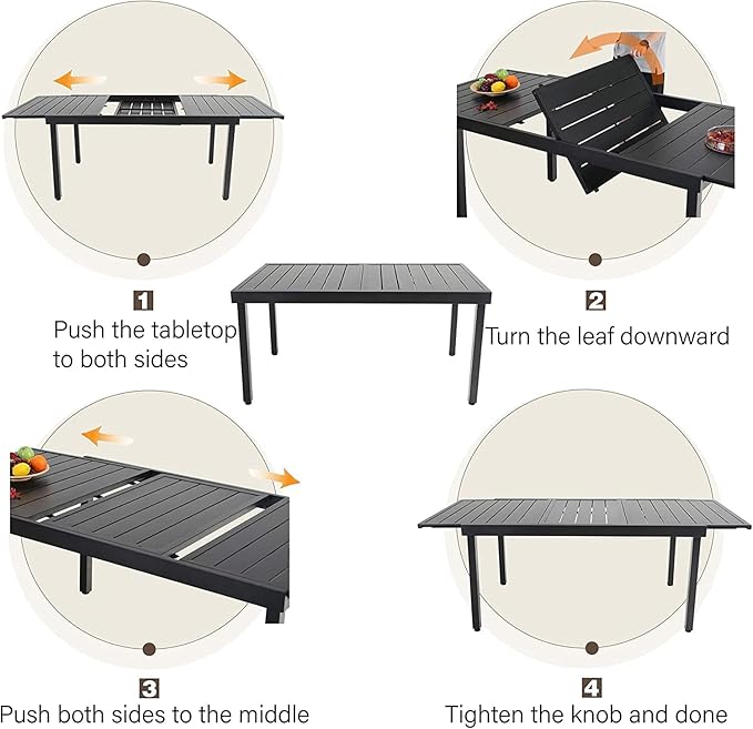 MFSTUDIO 7 PCS Patio Dining Set, Rectangular Expandable Black Metal Table with 6 Padded Textilene Fabric Chairs, Outdoor Furniture Set for Garden, Poolside, Backyard, Porch