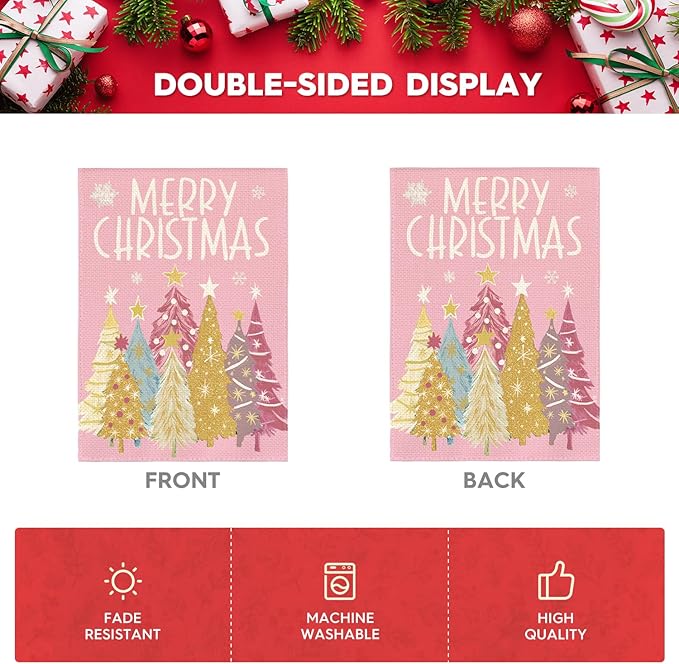AVOIN colorlife Merry Christmas Garden Flag 12x18 Inch Double Sided Outside, Christmas Trees Winter Holiday Yard Outdoor Flag Pink