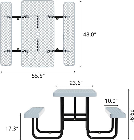 4 FT Heavy Duty Picnic Table with 2 Benches, Expanded Metal Outdoor Patio Dining Table with Umbrealla Hole Commercial Picnic Table,Rectangular Table Furniture Set for Garden, Lawn, Parks