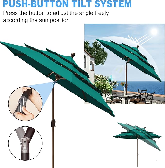 Eurmax USA 10-Year-Non-Fading 10Ft 3 Tiers Market Umbrella Outdoor Patio Umbrella Table Umbrella with 8 Ribs,Hand Crank and Ventilation (Teal)