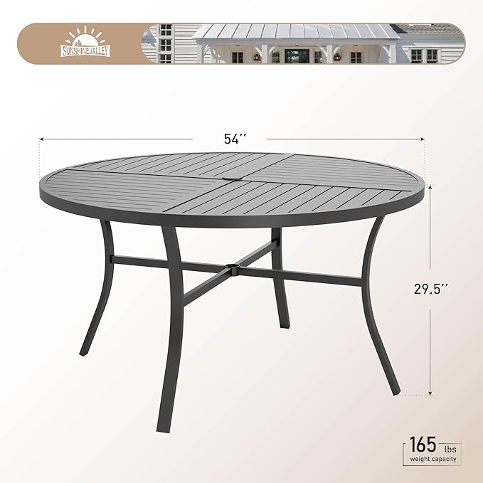 SUNSHINE VALLEY 54" Patio Dining Table for 6, Round Patio Table with Umbrella Hole,E-Coating and Powder Coating Steel Frame Metal Outdoor Patio Table for Garden Backyard Lawn Yard