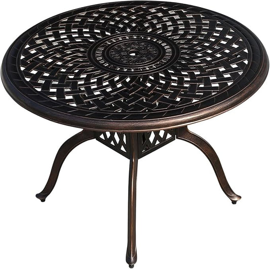FAPOLITE Outdoor Table Cast Aluminum Round Patio Table with Umbrella Hole All Weather Outdoor Dining Tables for Lawn Garden Backyard (106cm Woven Round Table)