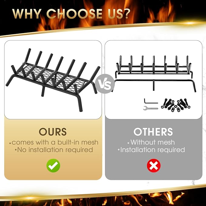 G GOOD GAIN Fireplace Grate with Ember Retainer, 26" Heavy Duty Steel Indoor, Chimney Hearth Wood Stove Rack Holder,1/2 Bar Fire Place Asseccories for Outdoor, Fire Pits, Camping.