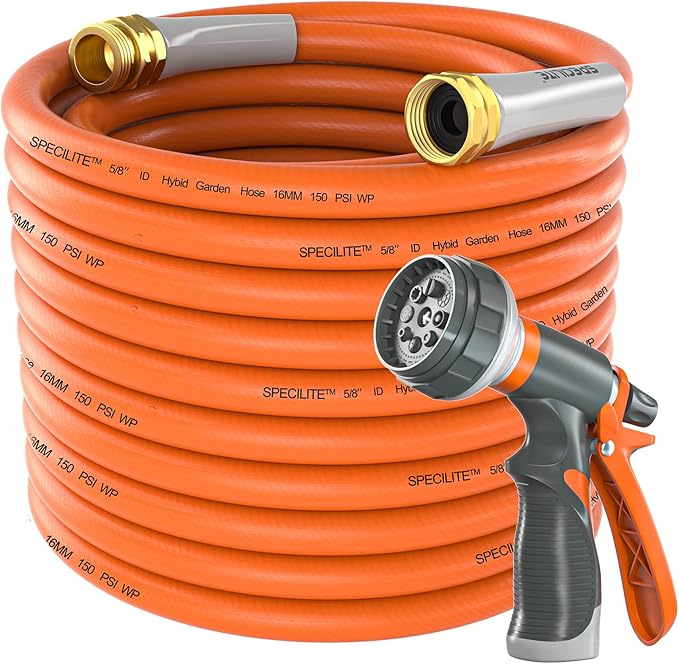 SPECILITE Garden Water Hose 100 ft x 5/8 in Heavy Duty, Flexible and Lightweight, Burst 600 psi, Kink-less Hybrid Rubber Pipe for Backyard, 3/4'' Brass Fittings, Orange