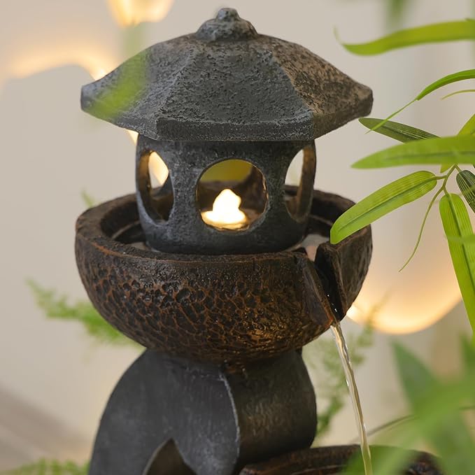 Tankana Water Fountain Outdoor Zen Feature - Garden Tranquil Pagoda Waterfalls Fountains Bowl with LED Lights & Pump for Patio Yard Porch Pool, Gray, 35.5 inches